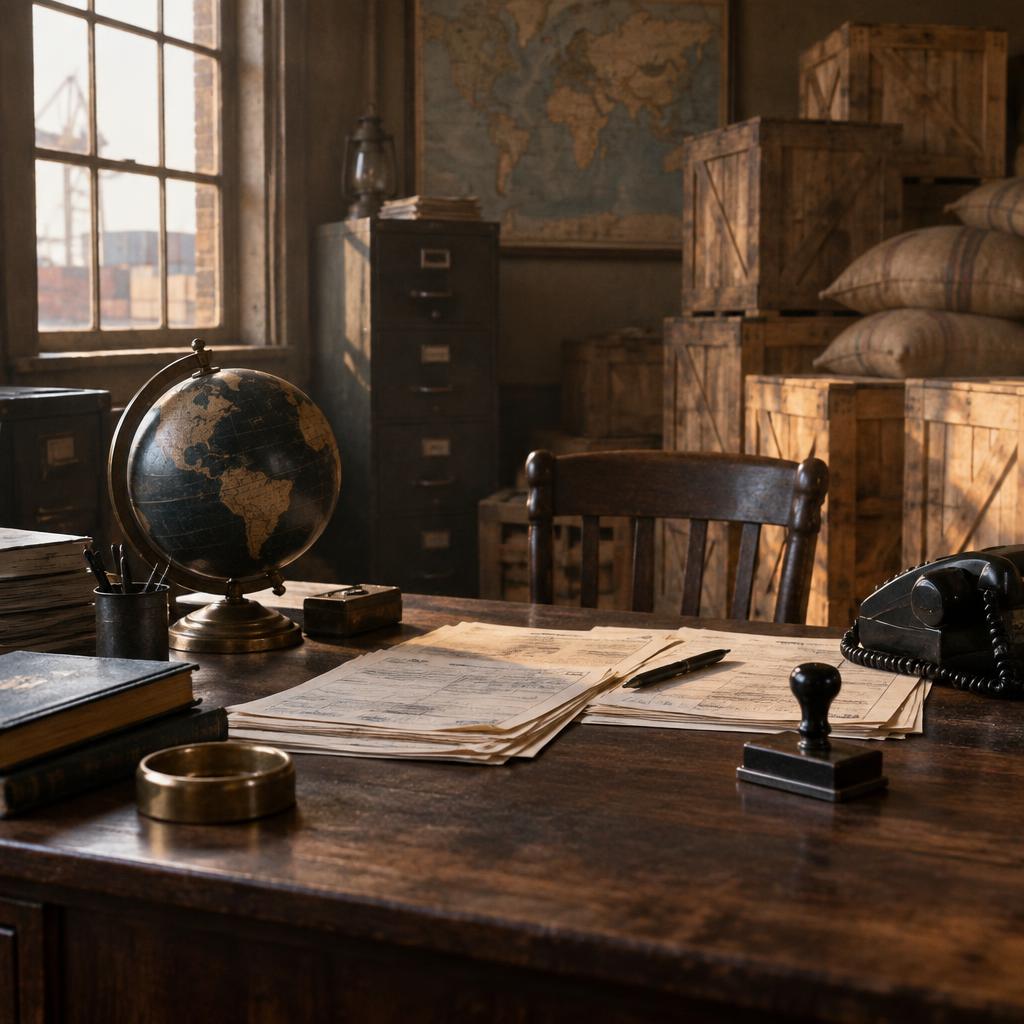 Early office desk with shipping paperwork, crates and warm window light