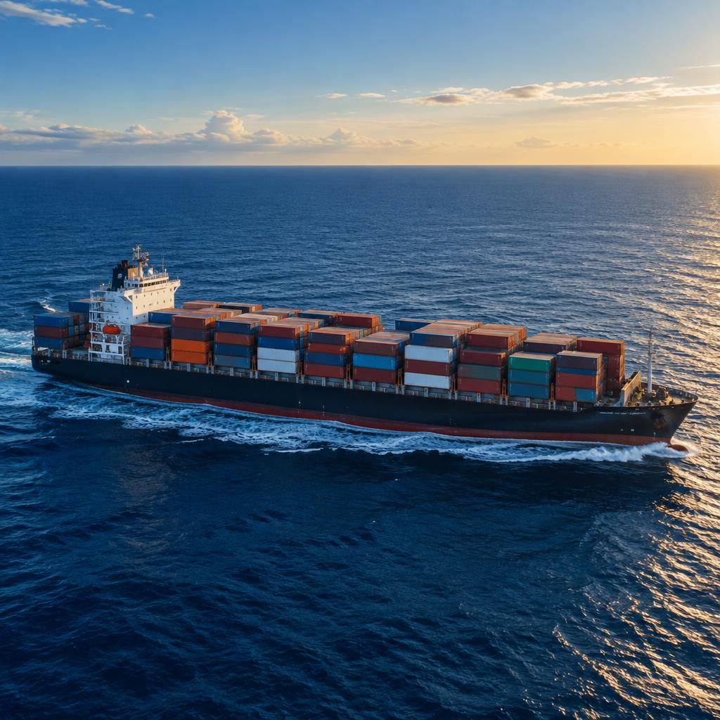 Container ship sailing on open ocean